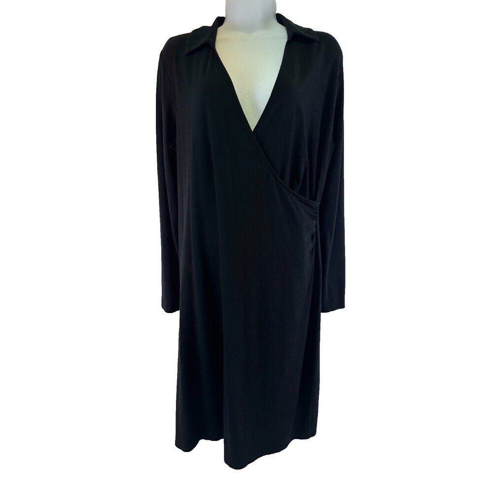 J Jill Wearever Faux Wrap Dress‎ Black Stretch Jersey V-Neck Knee Womens Medium